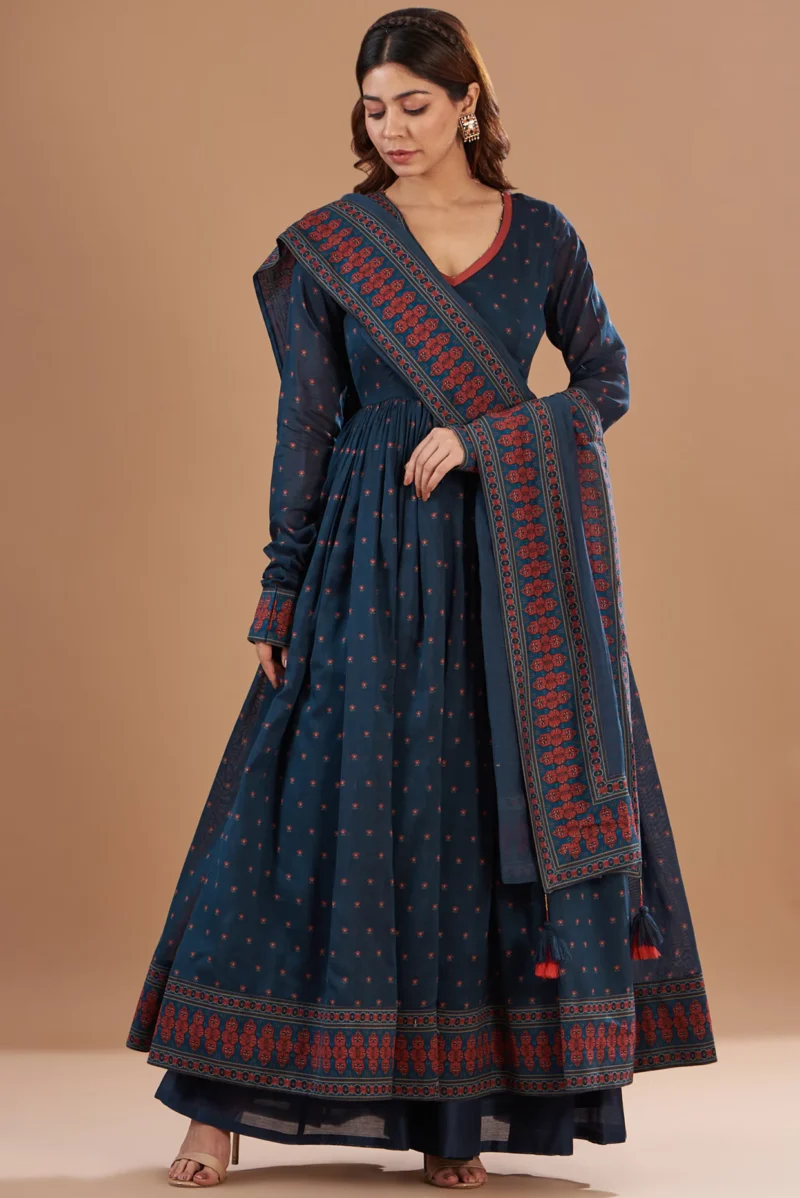 Boshon Blue Cotton Printed Anarkali Set